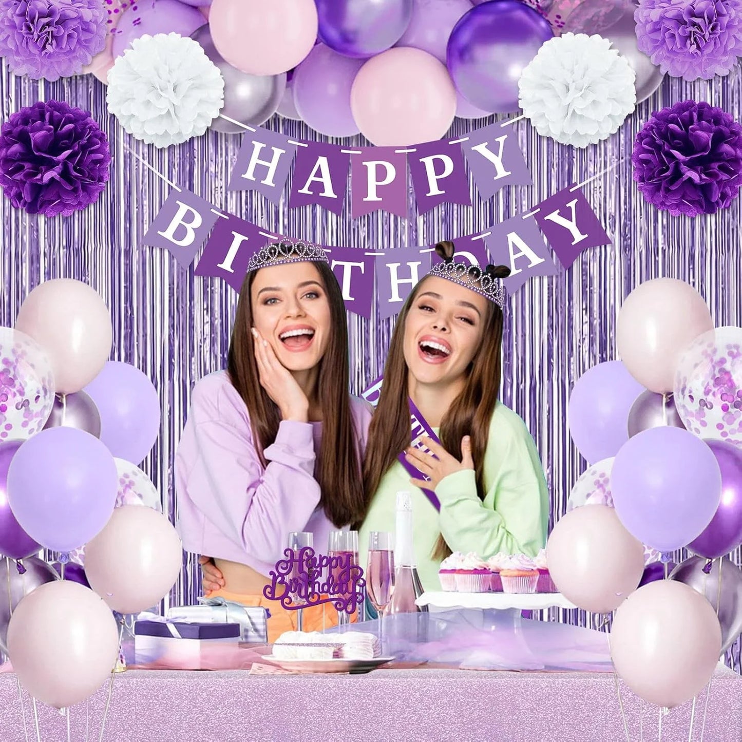 Purple Birthday Party Decorations with Latex Balloons Happy Birthday Banner Bday Sash and Crown Tablecloth Fringe Curtain Paper Pom Poms for Women Girls Bday Decor