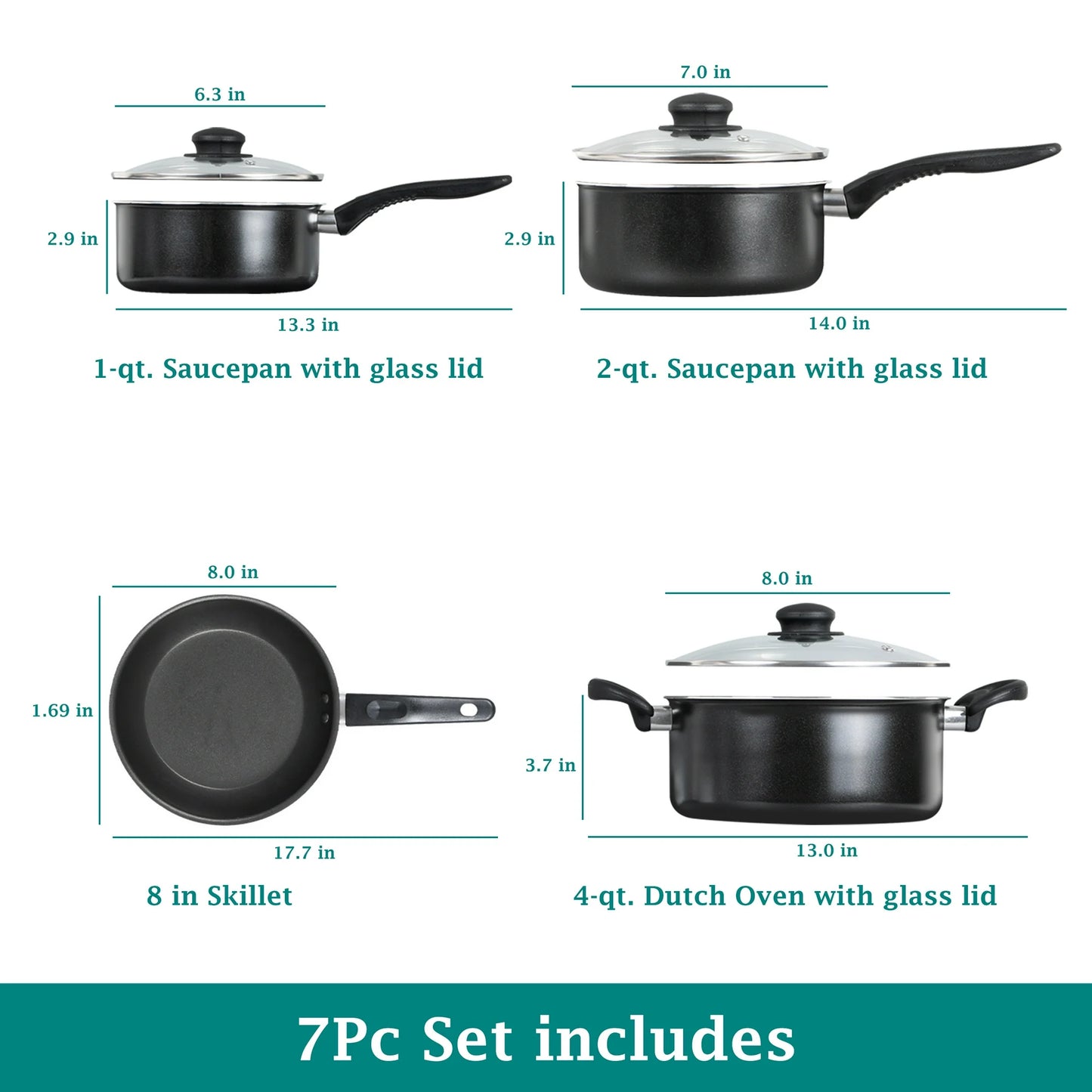 Mainstays 7-Piece Non-Stick Aluminum Cookware Set – Durable Pots & Pans for Everyday Cooking, Black