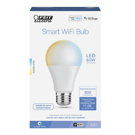 Feit Electric Smart WiFi LED Light Bulb, A19 8.8W (60W Equivalent), Tunable White, E26 Base, Voice & App Control