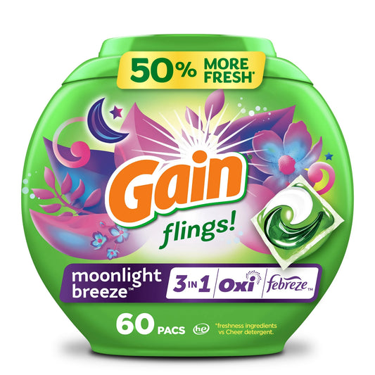 Gain Flings 3-in-1 Laundry Detergent Pacs with Oxi Boost & Febreze, Moonlight Breeze Scent, 60 Count