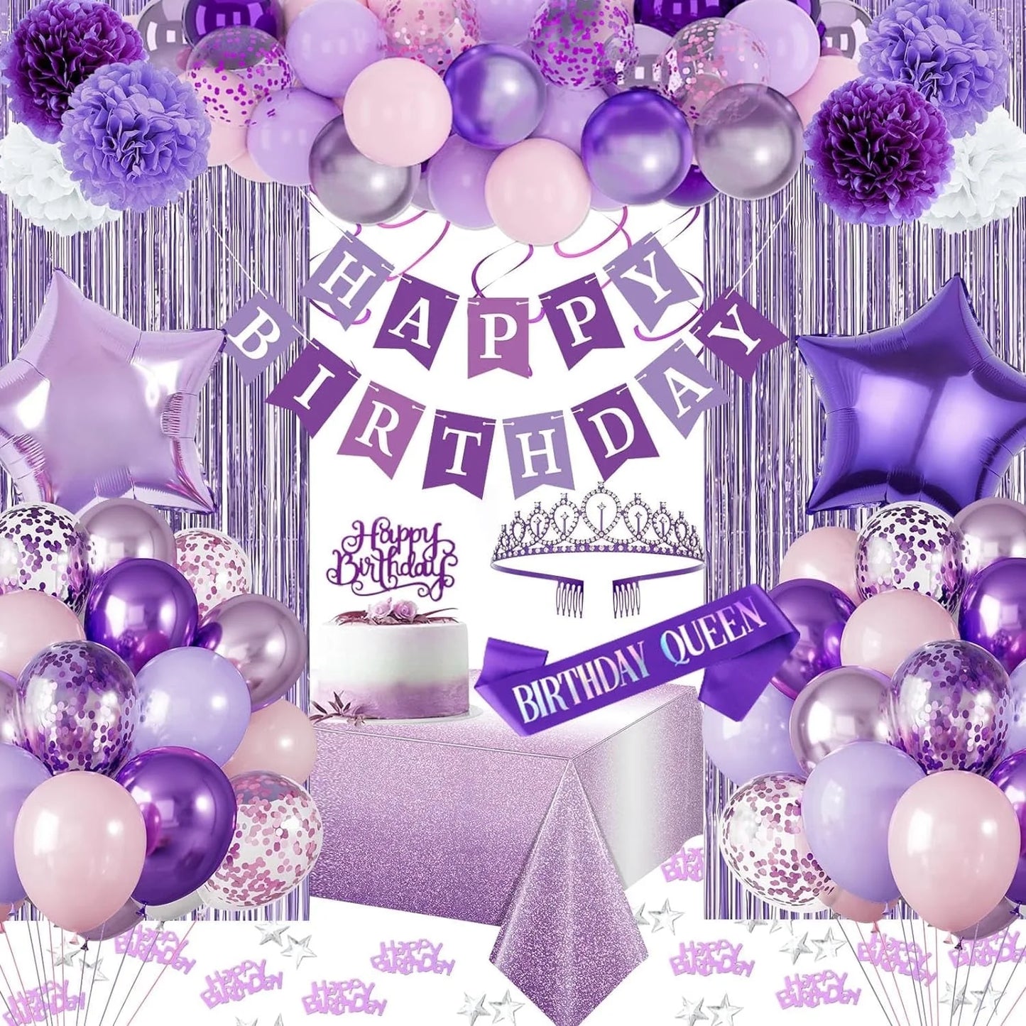 Purple Birthday Party Decorations with Latex Balloons Happy Birthday Banner Bday Sash and Crown Tablecloth Fringe Curtain Paper Pom Poms for Women Girls Bday Decor