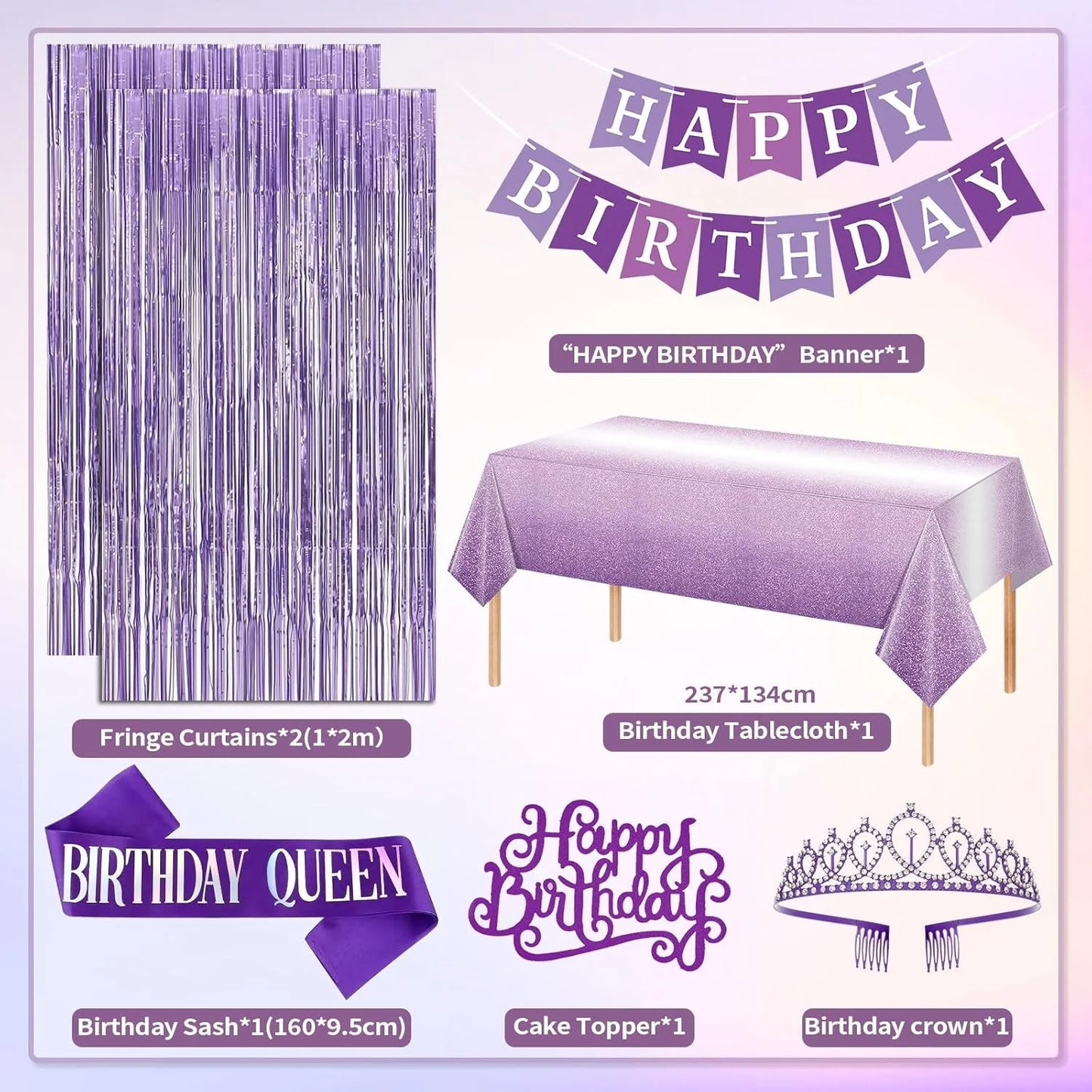 Purple Birthday Party Decorations with Latex Balloons Happy Birthday Banner Bday Sash and Crown Tablecloth Fringe Curtain Paper Pom Poms for Women Girls Bday Decor