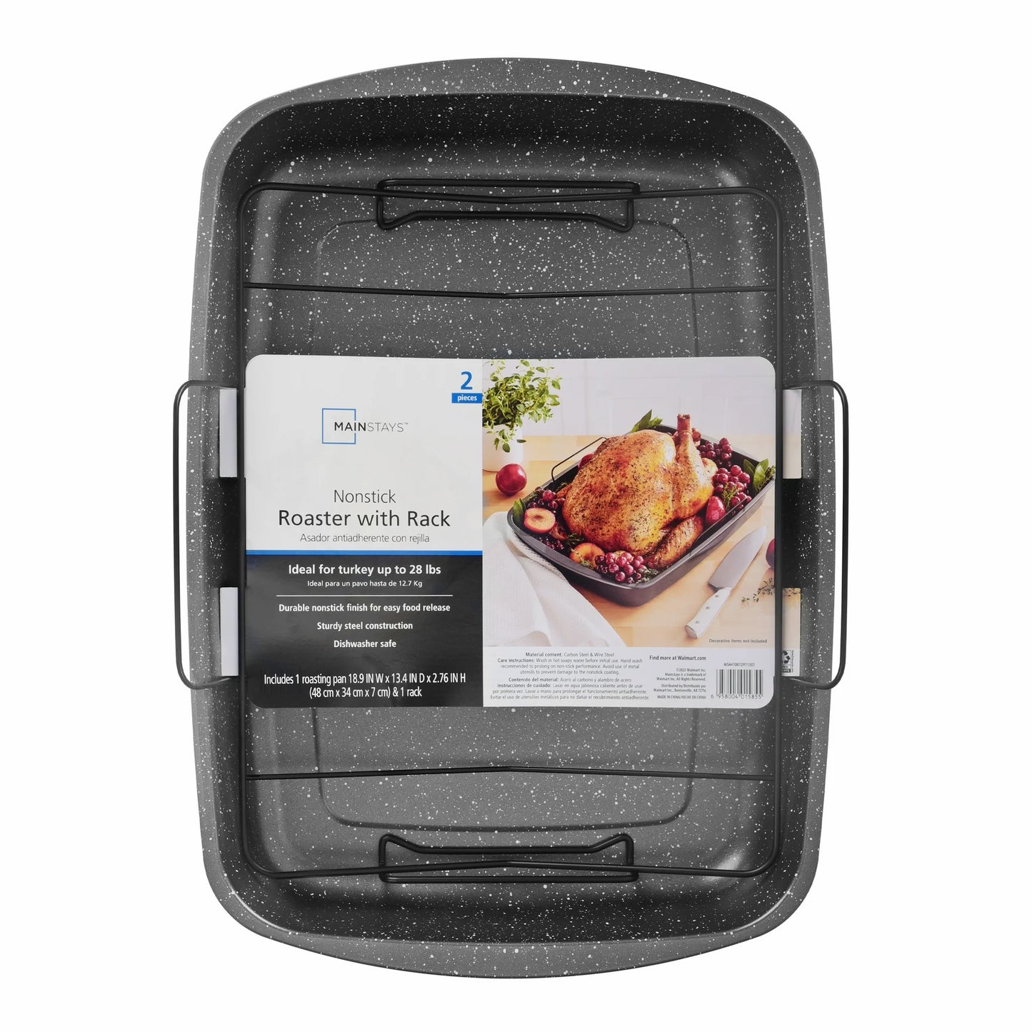 Mainstays 18.9" Non-Stick Carbon Steel Roaster Pan with Wire Rack – Heavy-Duty 0.5 mm Gauge, Grey Speckle Finish